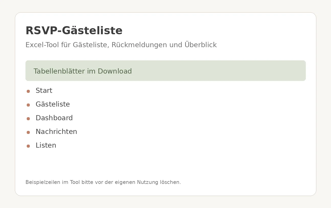 Vorschau der RSVP-Gästeliste mit Tabellenblättern